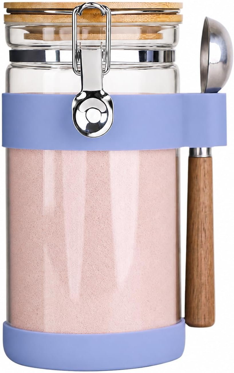 KKC Airtight Glass Protein Powder Canister 40 oz/1200 ml with Scoop, Collagen Peptides & Whey Container with Bamboo Lid & Silicone Base Protector for Home Gym Bar, Moisture-Proof, Light Blue
