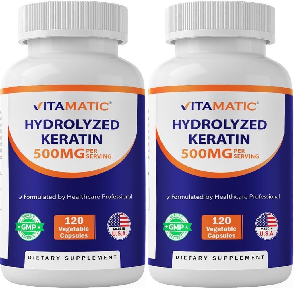 Vitamatic Hydrolyzed Keratin 500mg per Serving – 120 Vegetarian Capsules – Keratin Supplements for Healthy Hair Skin & Nails for Adults-2 Pack