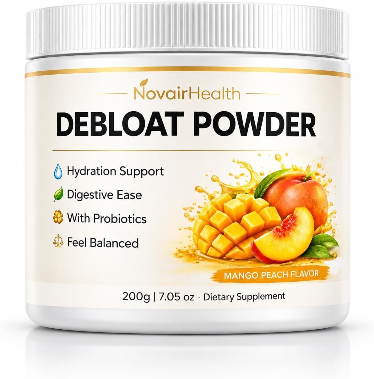 Debloat Powder, Face Debloat and Debloating Support for Men & Women, Digestive Enzymes with Vitamin C, Dandelion Root & Horsetail Extract, Non-GMO Peach Mango Flavor, 200g / 7.05 oz