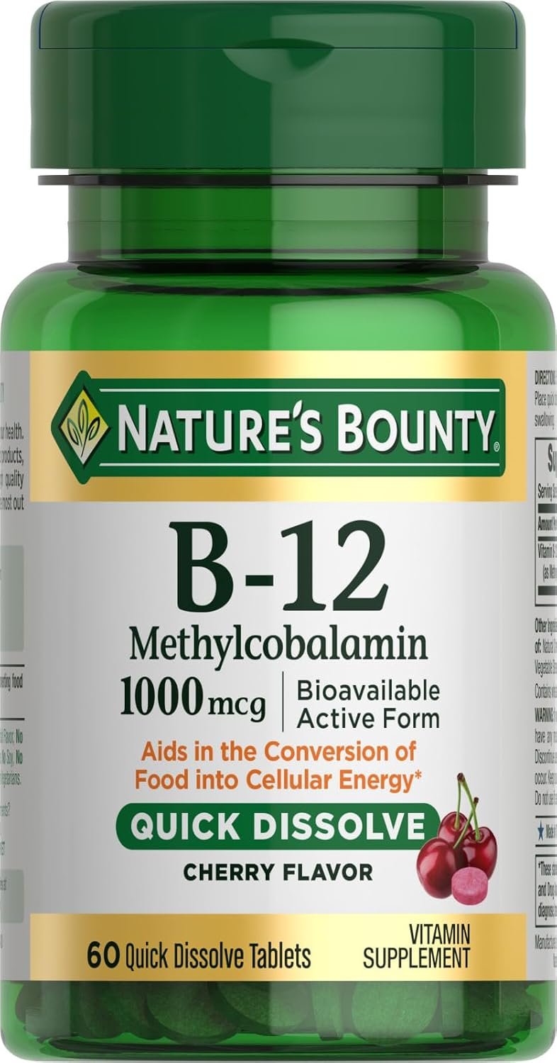 Nature’s Bounty Vitamin B-12 Quick Dissolve Tablets, 1000mcg, Aids in the Conversion of Food into Cellular Energy, Cherry Flavor, 60ct