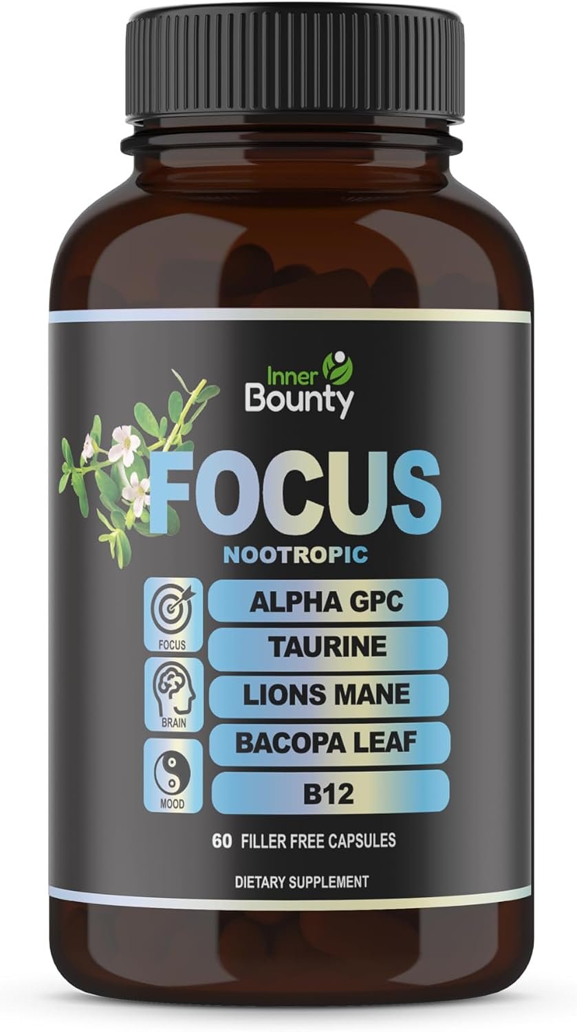 Focus 14-in-1 Nootropic Brain Supplement with Lions Mane, Alpha GPC Choline, Vitamin C & B12, Taurine, Bacopa – Energy, Cognitive, Memory Support, 60 Filler Free Capsules
