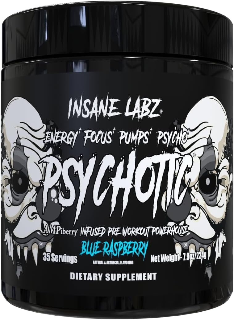 Insane Labz Psychotic Black Edition Mid Stimulant Pre Workout Powder, Energy Focus Pumps, Loaded with Creatine Beta Alanine Taurine Fueled by AMPiberry, 35 Servings (Blue Raspberry)