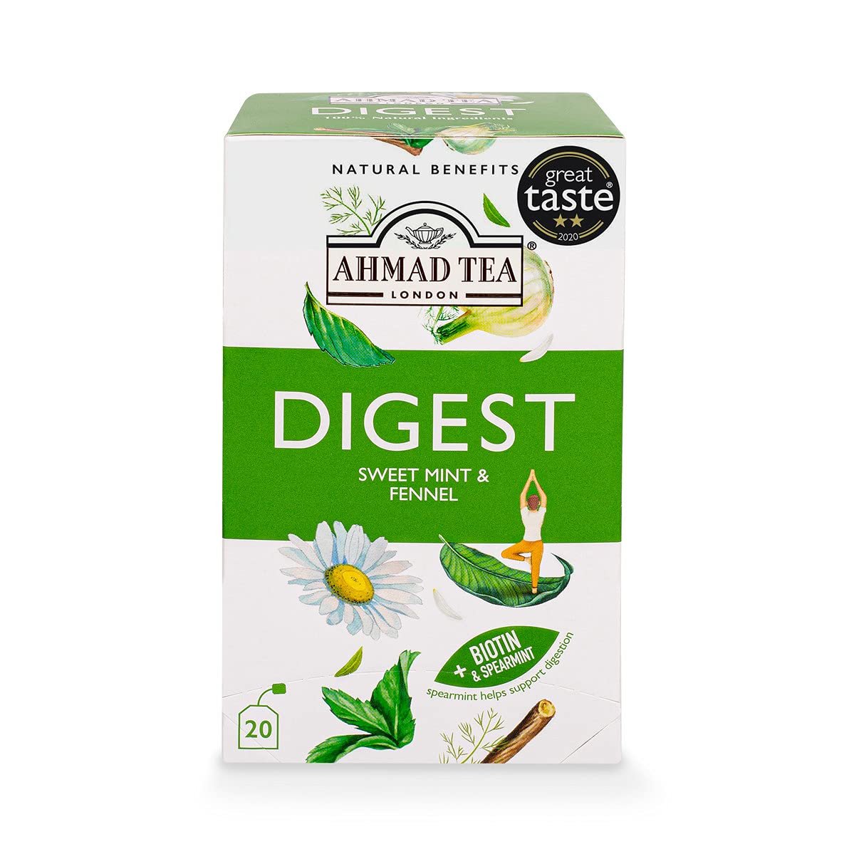 Ahmad Tea Herbal Tea, Sweet Mint, Fennel & Biotin ‘Digest’ Natural Benefits Teabags, 20 ct (Pack of 1) – Decaffeinated & Sugar-Free
