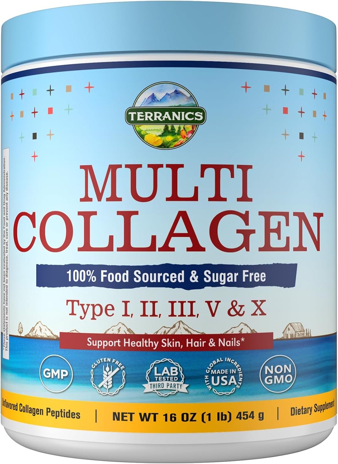 Terranics Multi Collagen Peptides, Type I II III V X Hydrolyzed Collagen