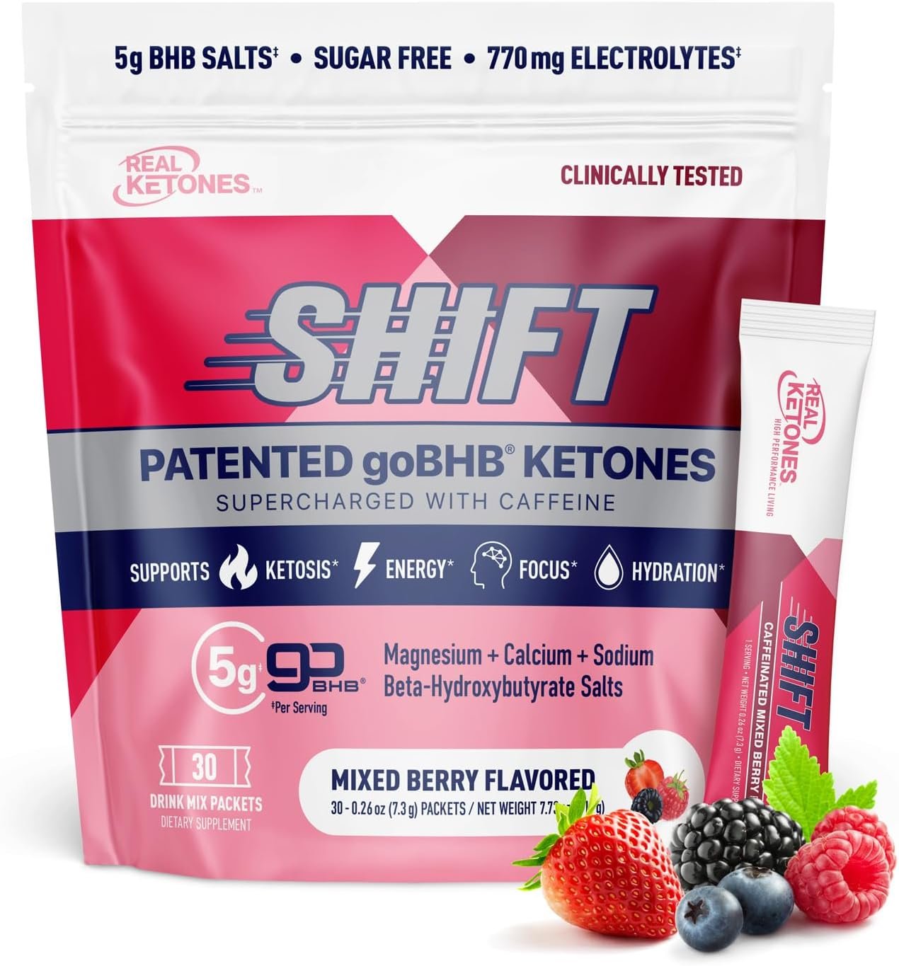 Real Ketones BHB Exogenous Ketones Drink Mix Packets Keto Electrolytes Powder Packets No Sugar with 4 Main Fasting Electrolytes Plus Hydrating Patented Keto BHB – 30 Count Mixed Berry Caffeine