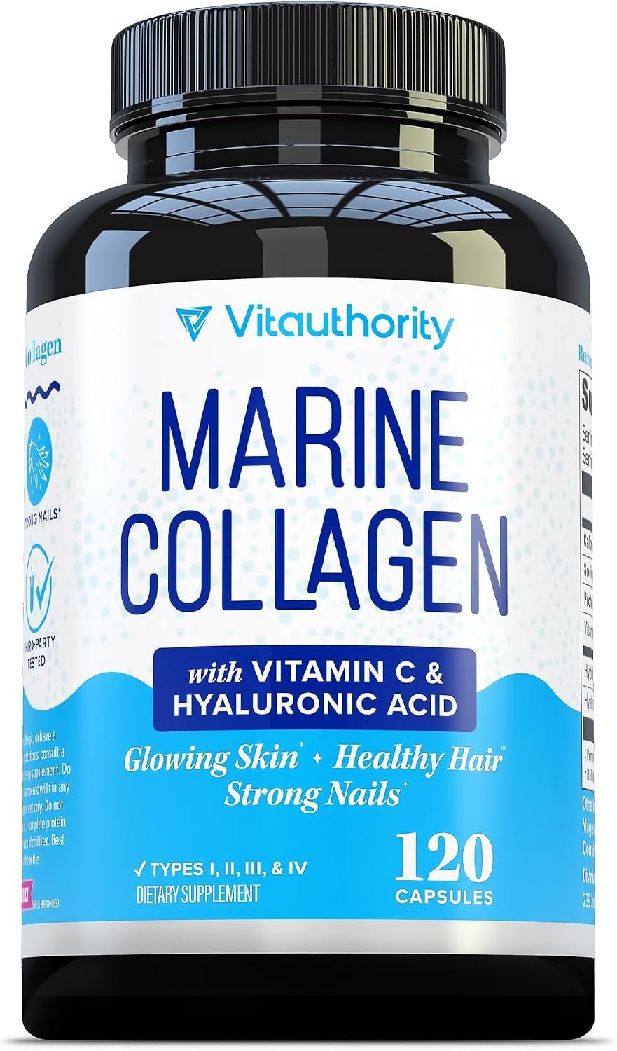 Marine Collagen Capsules Hyaluronic Acid & Vitamin C | 2,000mg Hydrolyzed Fish Collagen Peptides per Serving | Skin Elasticity, Hydration, Hair, Nail & Joint Support | Pescatarian-Friendly 30 Servings