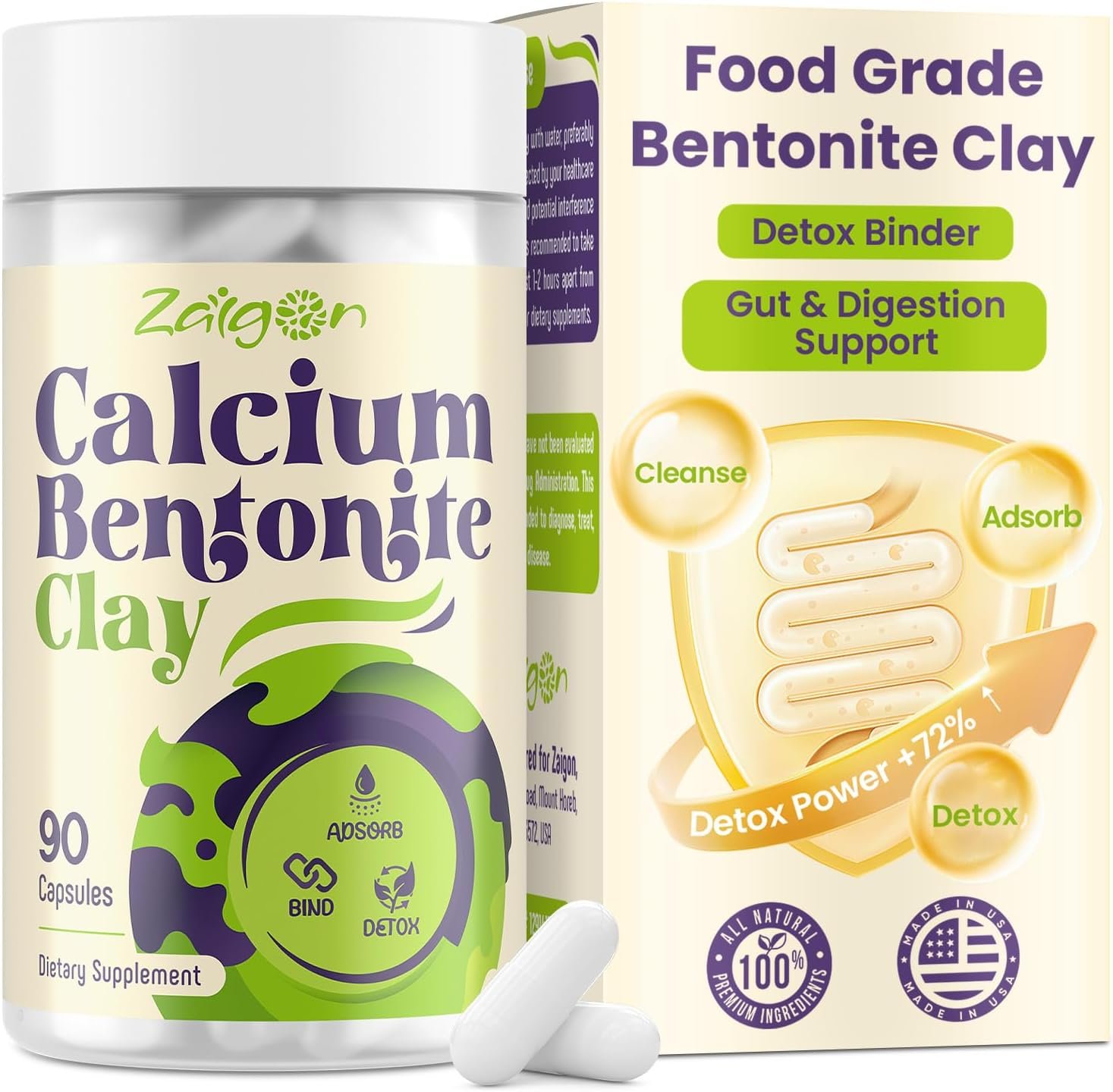 Calcium Bentonite Clay Detox Capsules | Detox Binder for Colon Cleanse & Gut Health | Food Grade Clay 1600mg Binds Mold, Heavy Metals | Detox Cleanse for Women & Men, Clean Label – 90 Capsules
