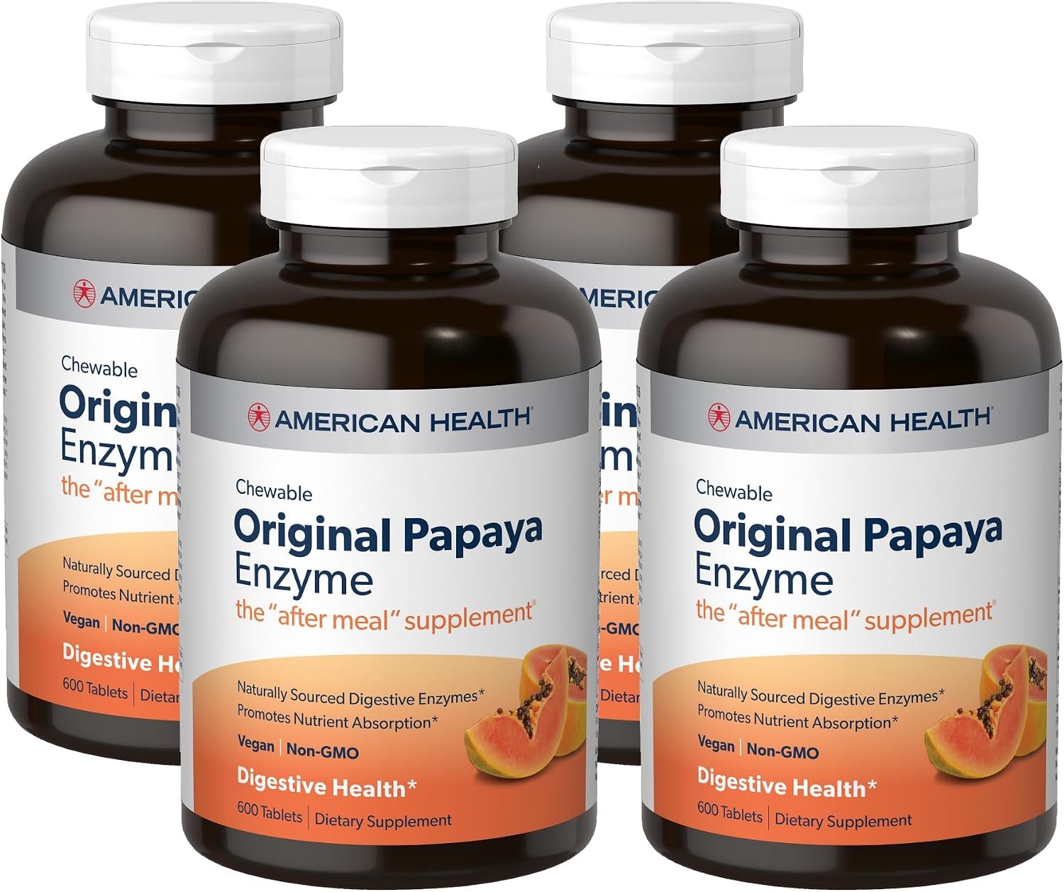 American Health Original Papaya Enzyme – 600 Chewable Tablets, Pack of 4 – The After-Meal Supplement – Non-GMO, Vegan – 800 Total Servings
