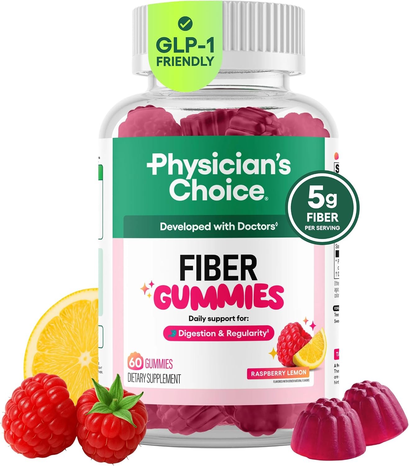 Physician’s CHOICE Fiber Gummies for GLP-1 Support – No Sugar Added & Vegan – Raspberry Lemon – Natural Chicory Root Prebiotic Fiber Gummy – Digestive Health & Regularity for Women & Men – 60CT