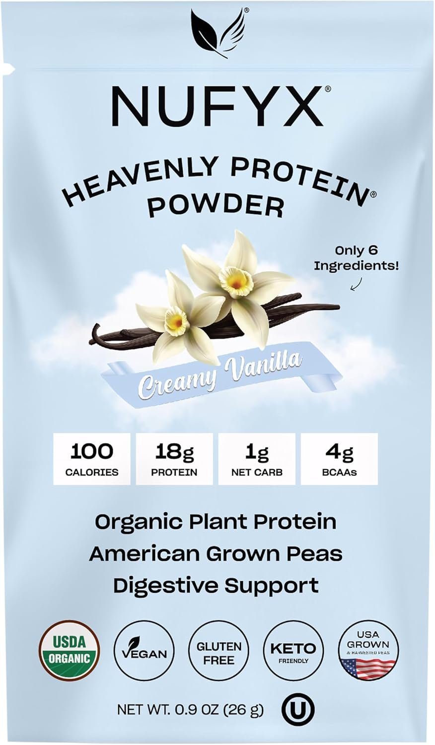 NUFYX® Family Owned Protein Powder, Organic Plant-Based, Made with 100% USA Grown Peas, 18g Protein for 100 Calories, Only 6 Ingredients, Digestive Support (Creamy Vanilla, Packet)