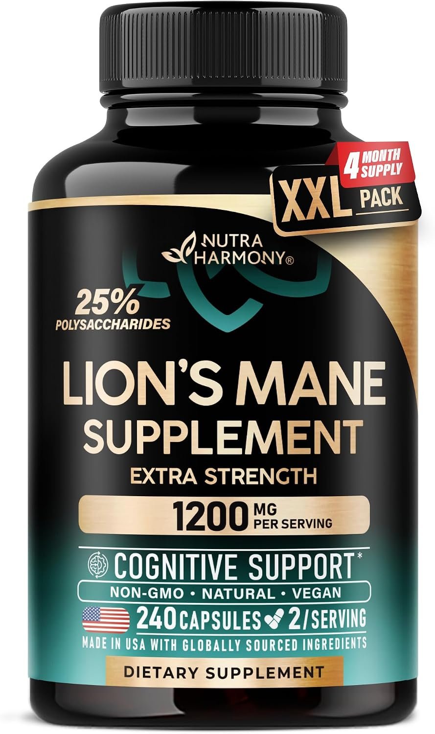 Lions Mane Supplement Capsules – Organic Lions Mane 1200 mg, 240 Vegan Caps