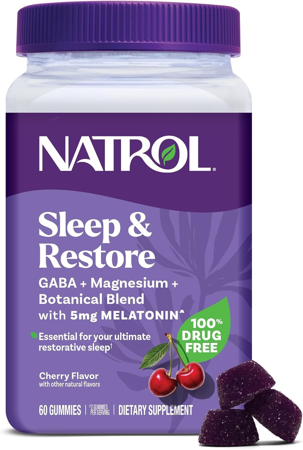 Natrol Sleep + Restore Magnesium Glycinate Blend Gummies with Melatonin 5mg – Calm Magnesium with GABA, Botanical Blend, Cherry Flavor, 60 Gummies