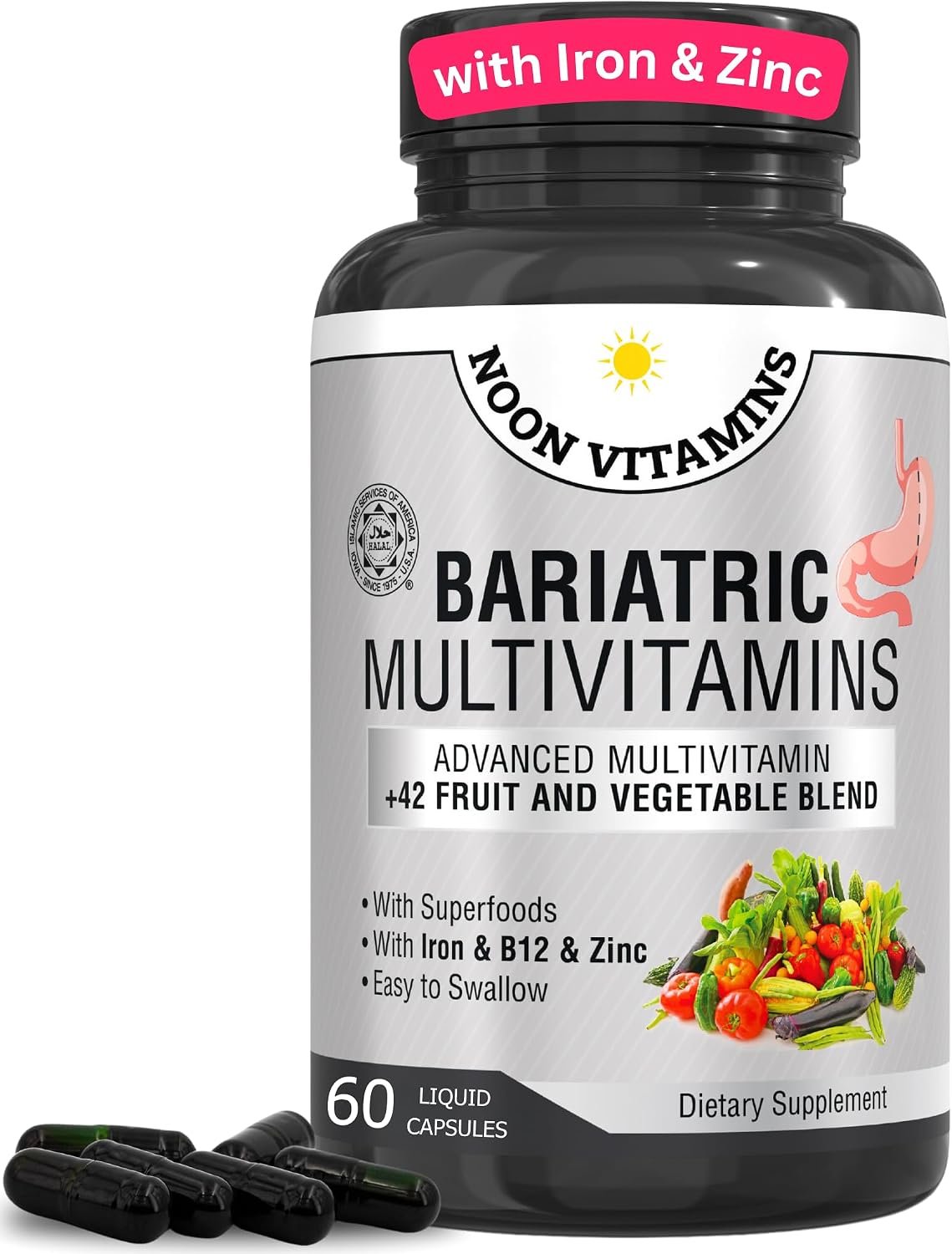 Bariatric Multivitamin with Iron for Women & Men – All-in-One 42 Superfood Blend for Energy & Immune Support – Post-Surgery Recovery, Easy-to-Swallow, Halal, Made in USA (60 Liquid Capsules)