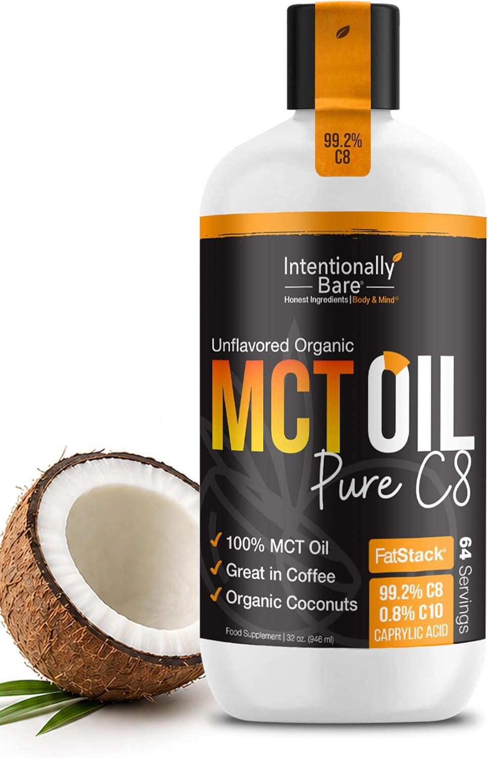 Intentionally Bare Organic C8 MCT Oil – Keto Paleo Vegan – Unflavored 32oz