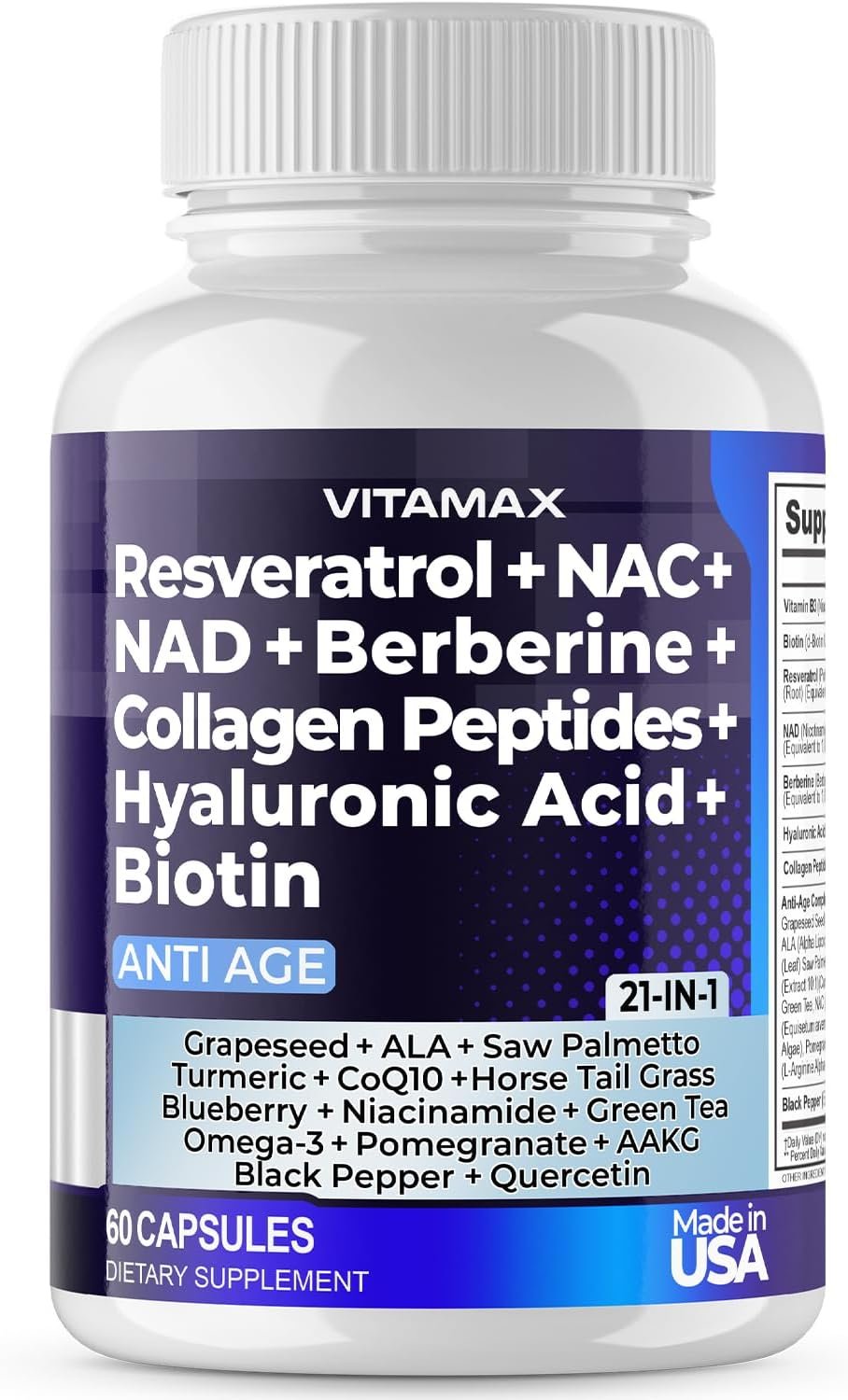Resveratrol NAD+ Berberine Hyaluronic Acid – Biotin Grape & Blueberry + NAC – Collagen Peptides – Hair, Nail, Skin & Joint Supplement – 21-in-1 Women and Men – Made in USA (60 Count (Pack of 1)