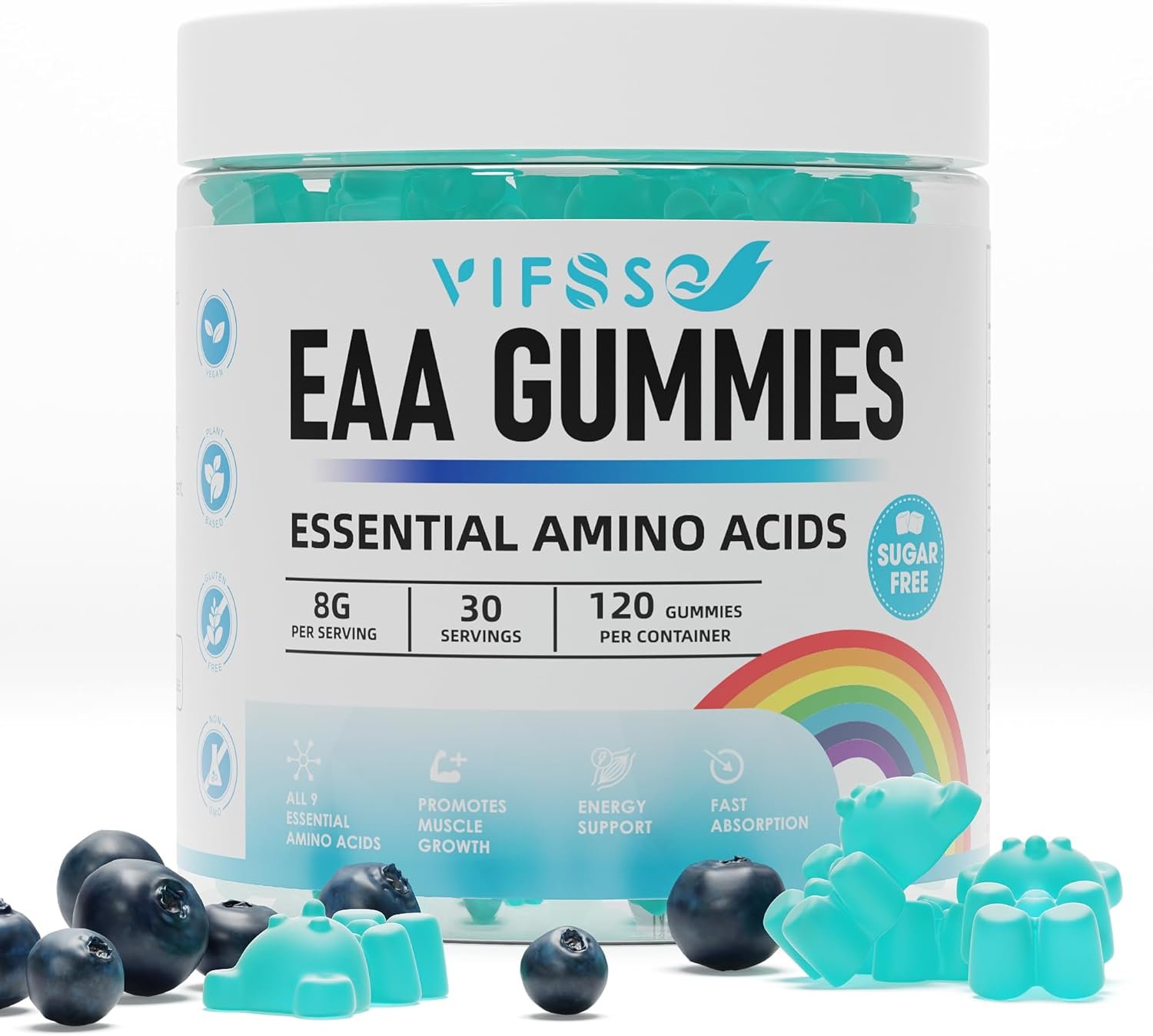 VIFSSG EAA Gummies 120 Gummies (Blue Raspberry), Essential Amino Acids – All 9 Essential Aminos (EAA) and All Branched-Chain Aminos (BCAAs), Non-GMO, Gluten Free, Vegetarian Friendly