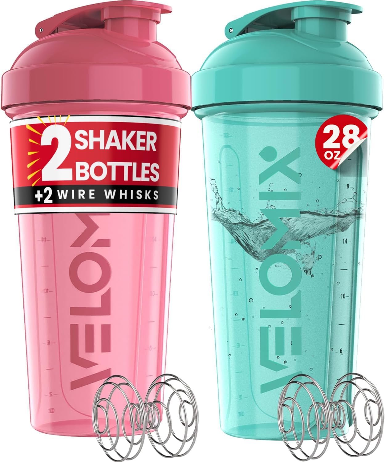 VELOMIX 2 Pack 28oz Protein Shaker Bottle for Protein Mixes, Pink/Turquoise