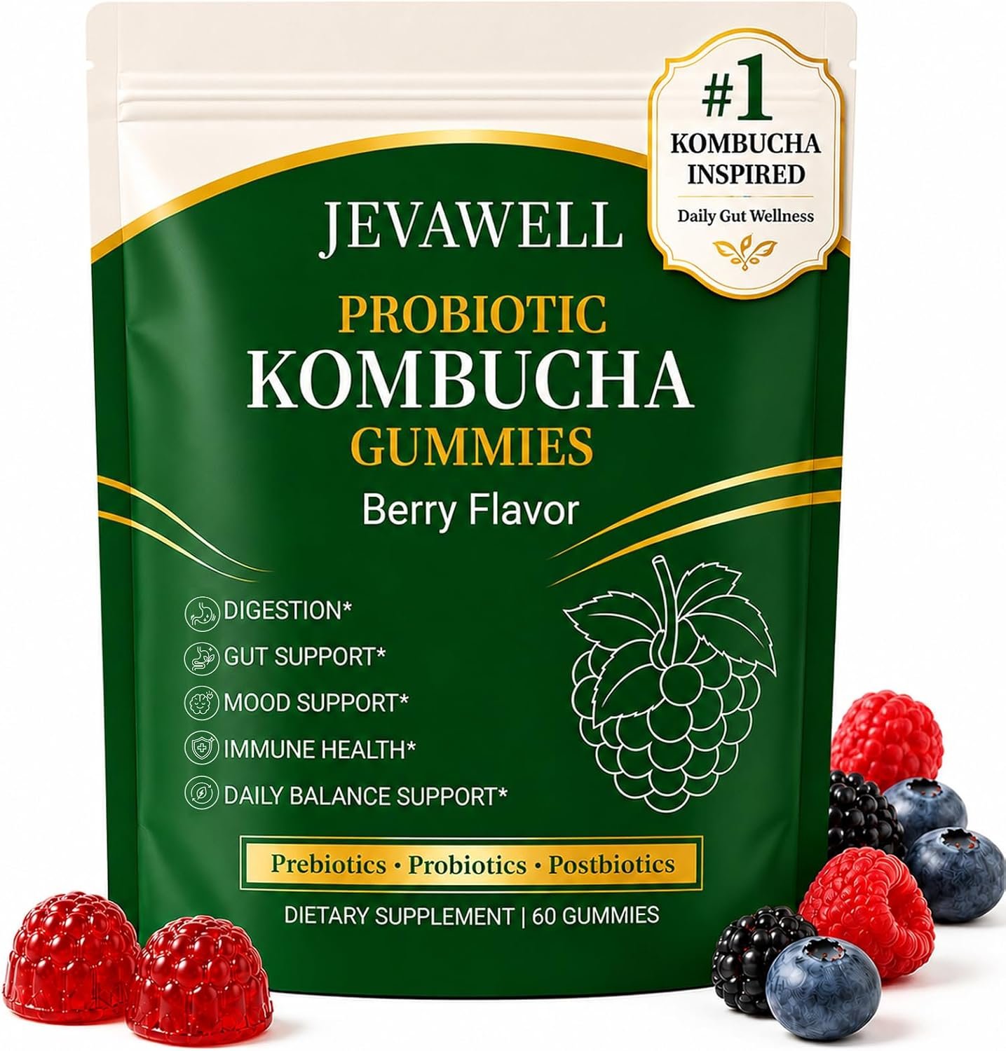 Probiotic Kombucha Gummies for Gut Health & Digestive Support, with Prebiotics, Probiotics & Postbiotics, Bloating Comfort, Berry Flavor, Vegan, Non-GMO, 60 Gummies