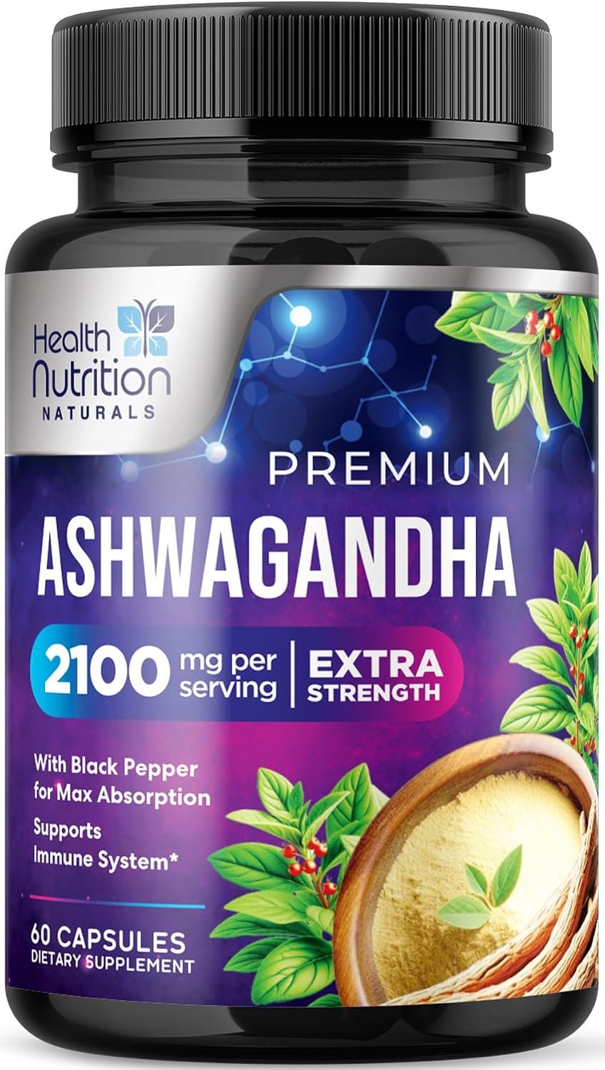 Ashwagandha Supplements 2100mg – Best Ashwagandha Root & Powder Capsule with Black Pepper for Max Absorption – Naturally Calm & Unwind for Women & Men – Vegan, Gluten Free, USA Bottled – 60 Capsules