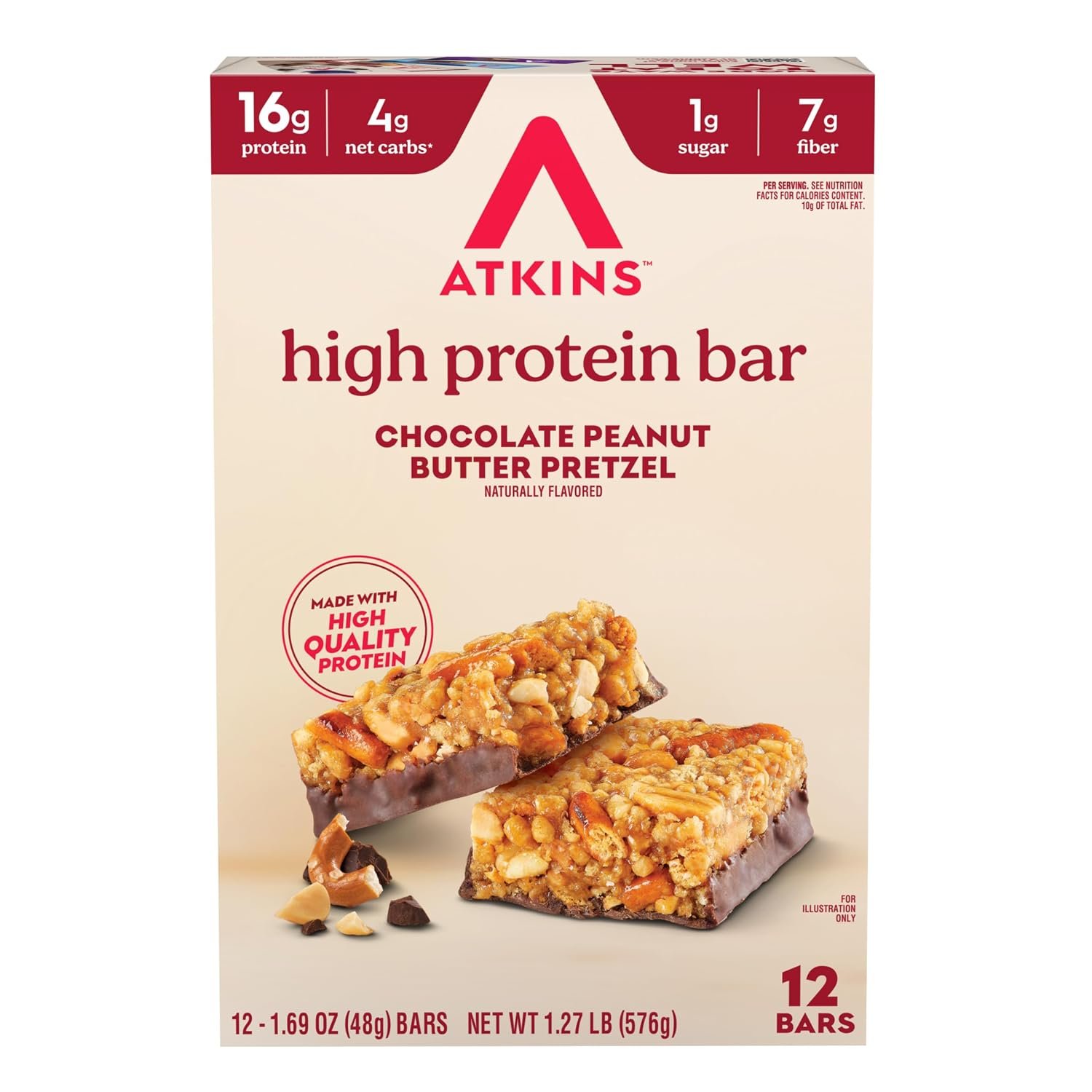 Atkins Chocolate Peanut Butter Pretzel High Protein Bar, High Fiber, 16g Protein, 1g Sugar, 4g Net Carbs, Keto Friendly, 12 Count