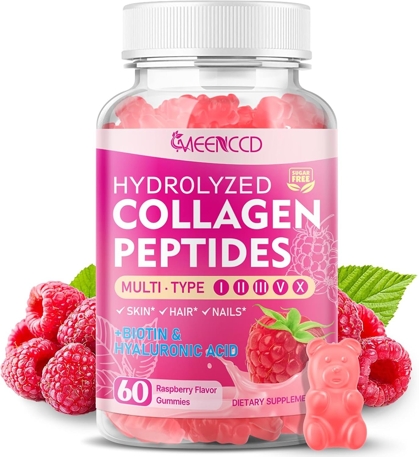 MEENCCD Hydrolyzed Collagen Peptides Gummies for Women & Men, Multi-Collagen Type I,II,III,V,X with Biotin, Hyaluronic Acid, Zinc, Vitamin C, E – Skin, Hair, Nails, Raspberry Flavor, 60 Count