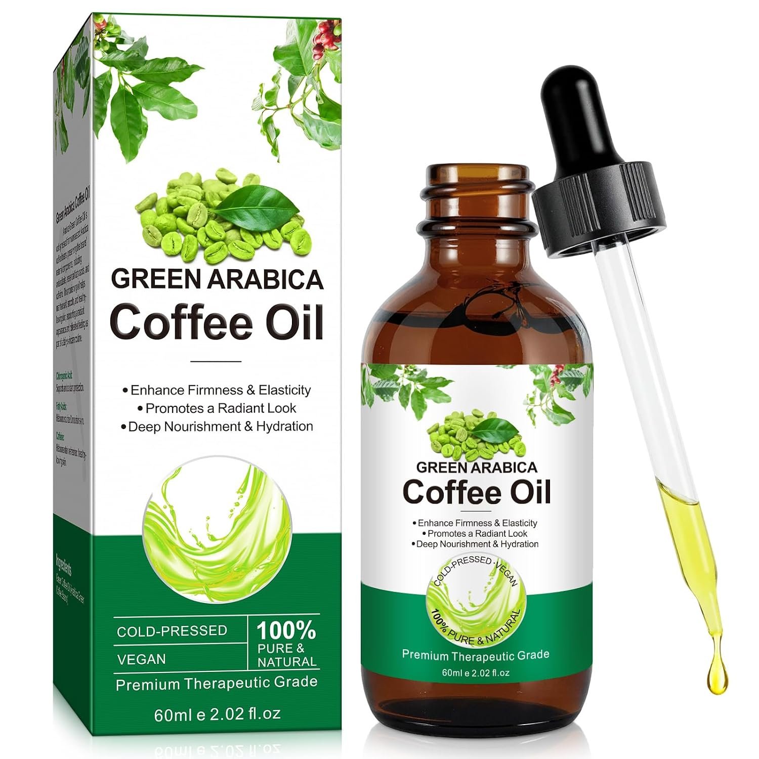 Green Arabica Coffee Oil – 100% Pure & Natural for Face&Body&Hair | Green Coffee Bean Oil Enhance Firmness & Elasticity | Daily Skincare Essential Oils for Skin Deep Nourishment & Hydration – 60ml