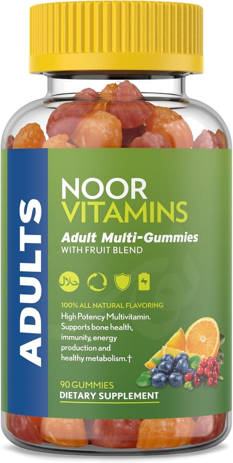 Noor Vitamins Halal Adult Multivitamin Gummy with Organic Fruit Blend for Men and Women; Non-GMO, Gluten Free, Gelatin Free Halal Vitamins – 90 Count