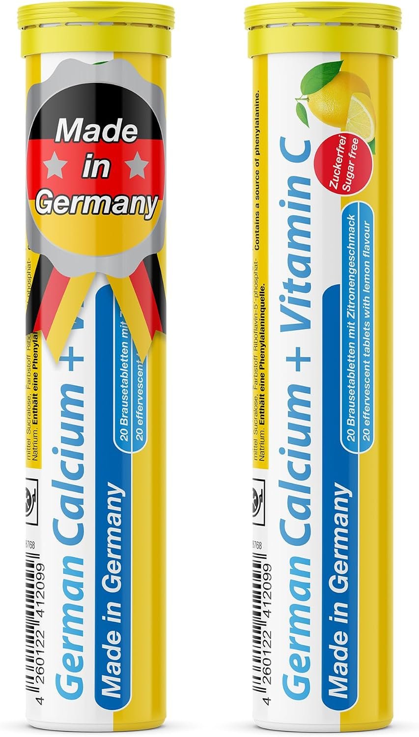 German Calcium + VIT. C – 40 Vegan Drink Effervescent Tablets – Lemon Lime Flavor – Made in Germany