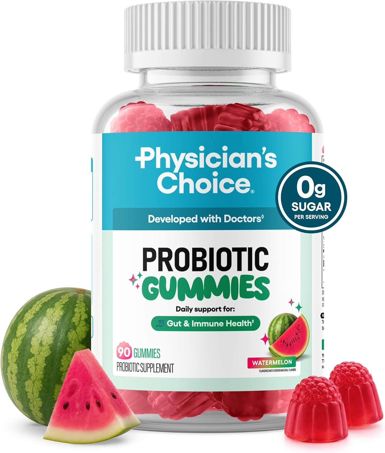 Physician’s CHOICE Probiotic Gummies with Vitamin D & Prebiotic Fiber – Sugar Free – 1B CFUs of Clinically Studied Probiotic – Supports Immune & Gut Health for Women & Men – Watermelon Flavor – 90CT