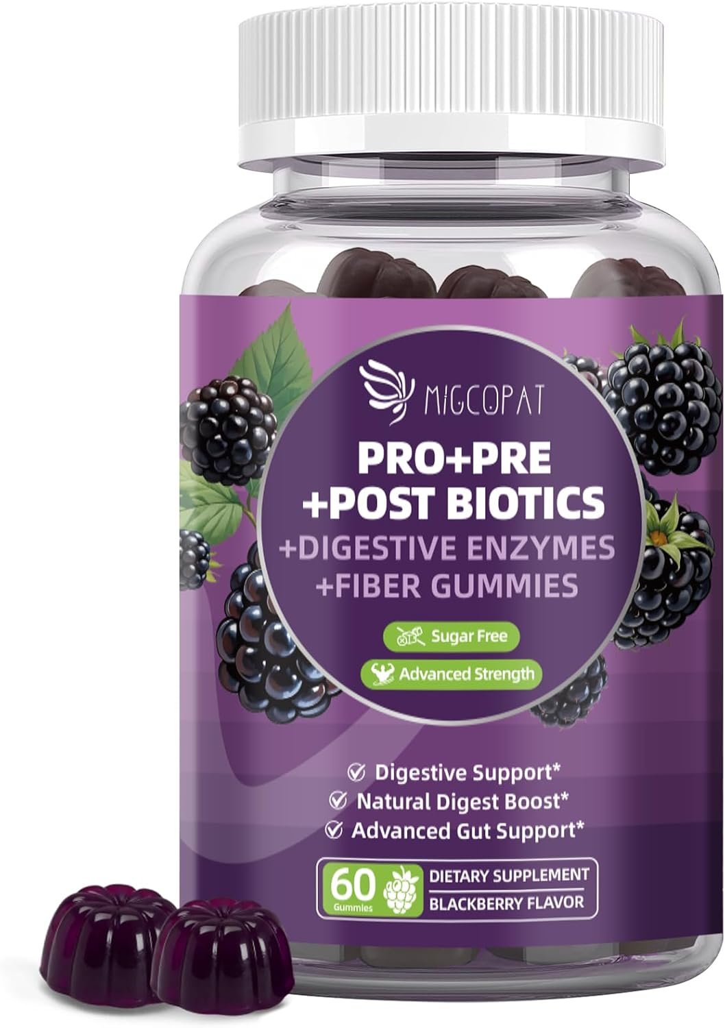 Migcopat Pre Post Probiotics Gummies, Probiotic Prebiotic Postbiotic Digestive Enzymes with Fiber, 120 Billion CFU Probiotics Complete Gut Support, Sugar Free, Vegan, BlackBerry Flavor, 60 Cts