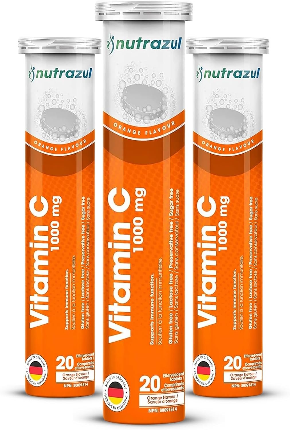 nutrazul Vitamin C 1000mg Effervescent Tablets, VIT C Supplement to Help Maintain Immune Function, Gluten-Free, Lactose-Free, Sugar-Free, Preservative-Free, Orange Flavor, 20 Count, Pack of 3