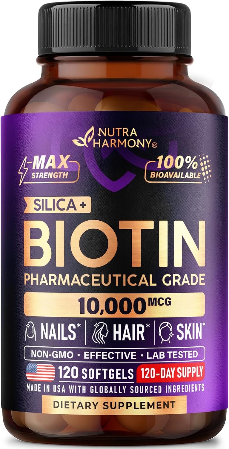 Biotin 10000mcg + Silicon – Pharmaceutical Grade Biotin – 120 Softgels
