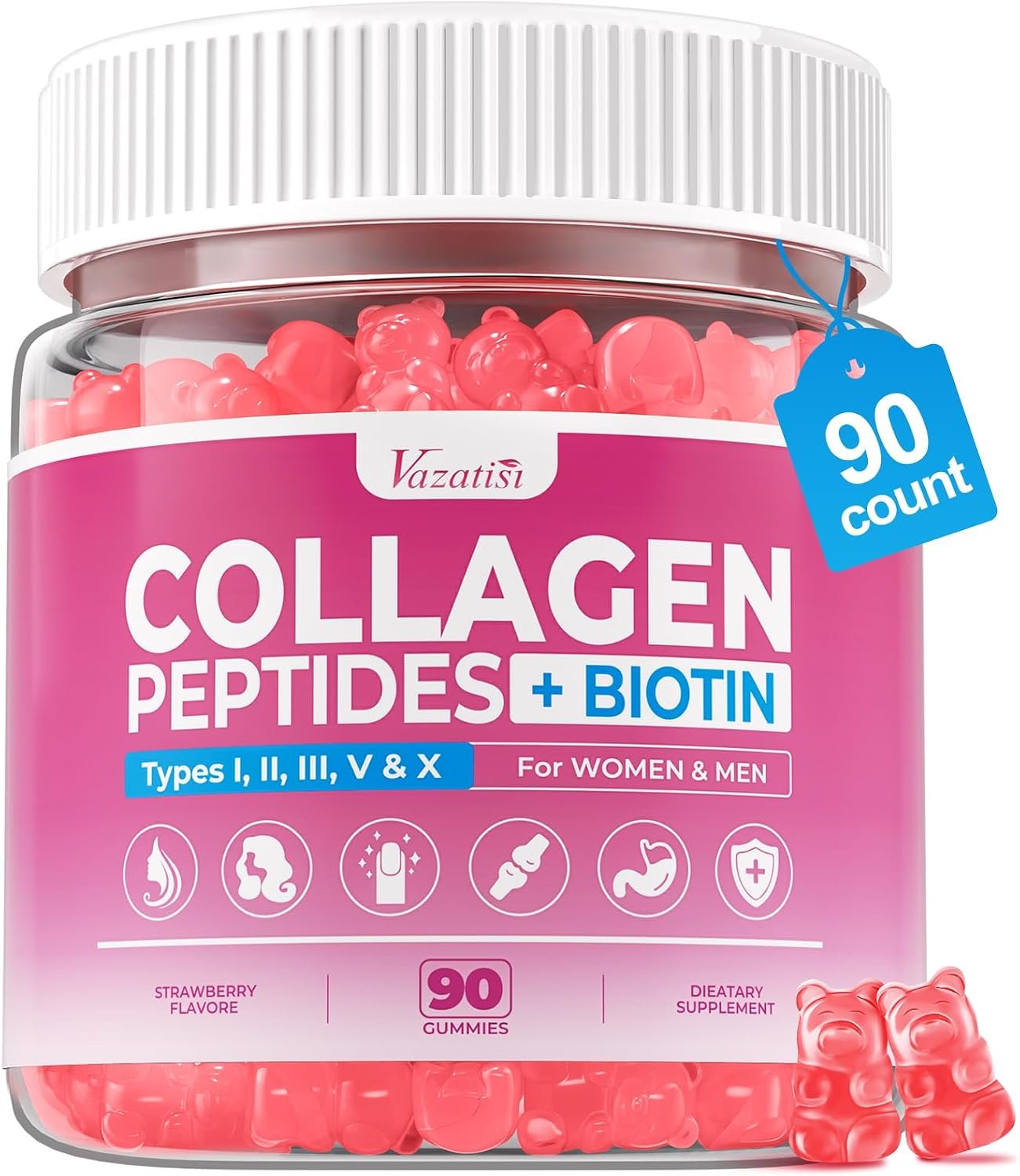 Sugar Free Collagen Gummies for Women & Men with Hydrolyzed Collagen Peptides, Biotin & Vitamin C, Multi Collagen Types I II III V X for Skin Hair Nails Digestive & Immune Health, 90 Count