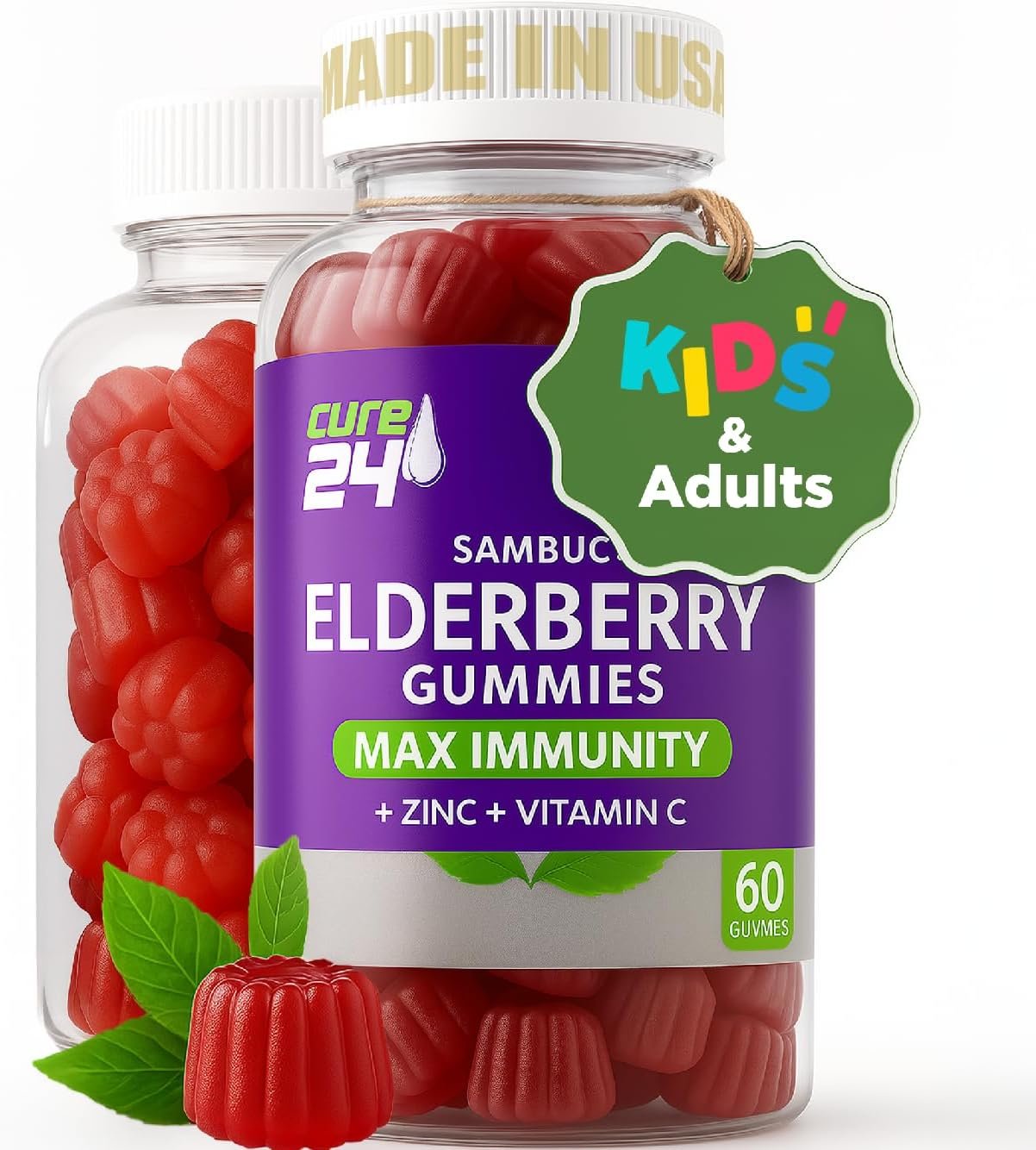 Sambucus Elderberry Gummies + Vitamin C + Zinc for Kids & Adults, X3 Immune Support, Natural Flavors + Ingredients, Vegan, Non-GMO, Made in USA (60)