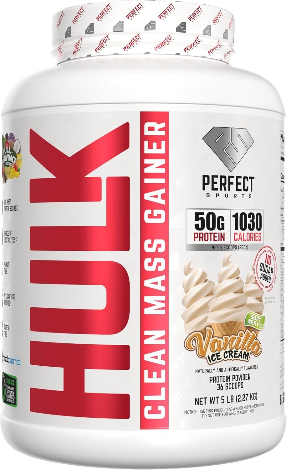 PERFECT SPORTS Hulk Mass Gainer, 50g Protein, Vanilla Ice Cream, 5 lb