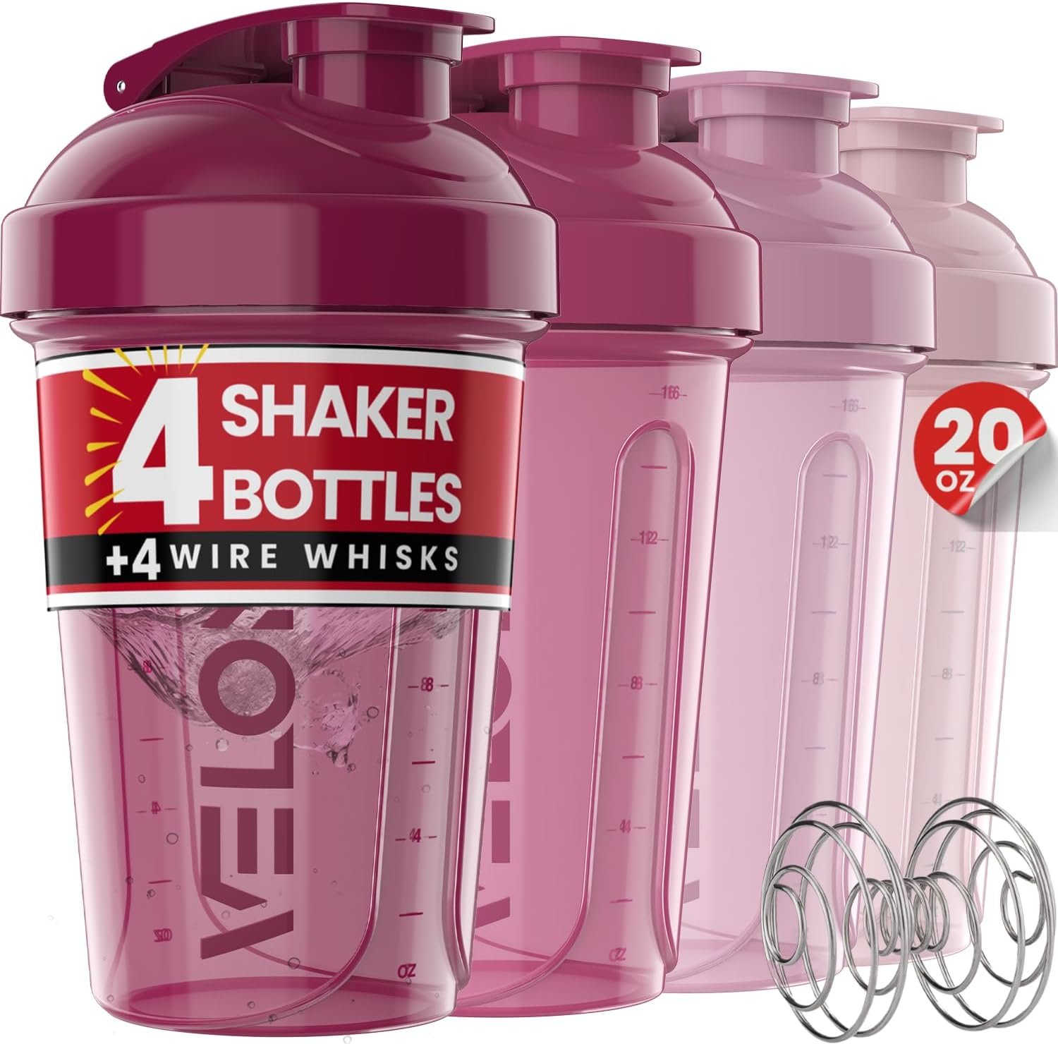VELOMIX 4 Pack 20oz Protein Shaker Bottle for Protein Mixes, Berry Blend