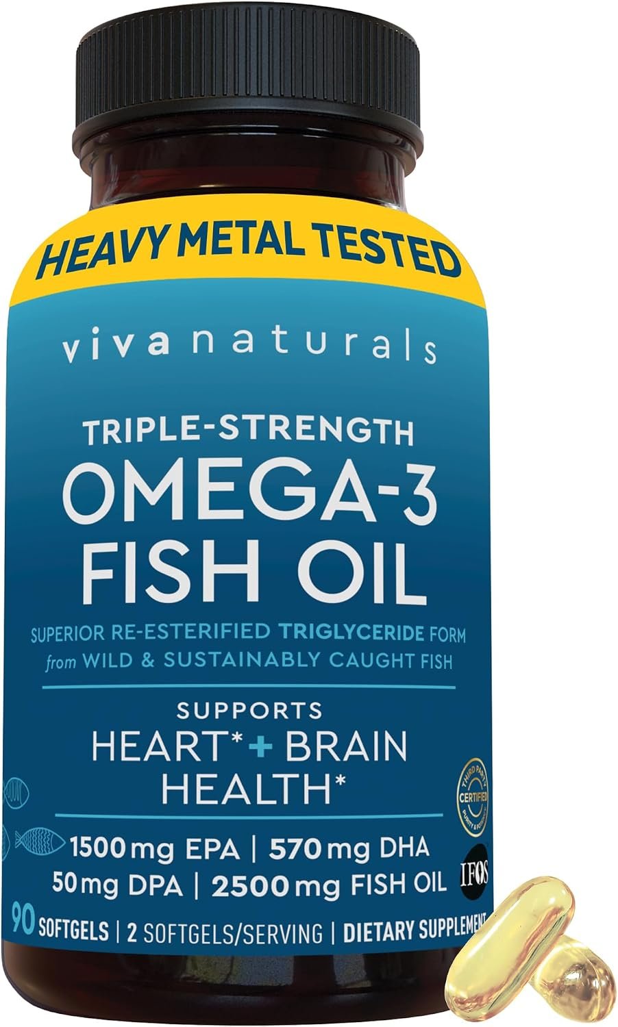 Viva Naturals Omega 3 Fish Oil Supplement for Women and Men – 2500 mg Triple Strength Fish Oil per Serving with Omega 3 Fatty Acids Including EPA, DHA DPA – 90 Pescatarian-Friendly Softgels
