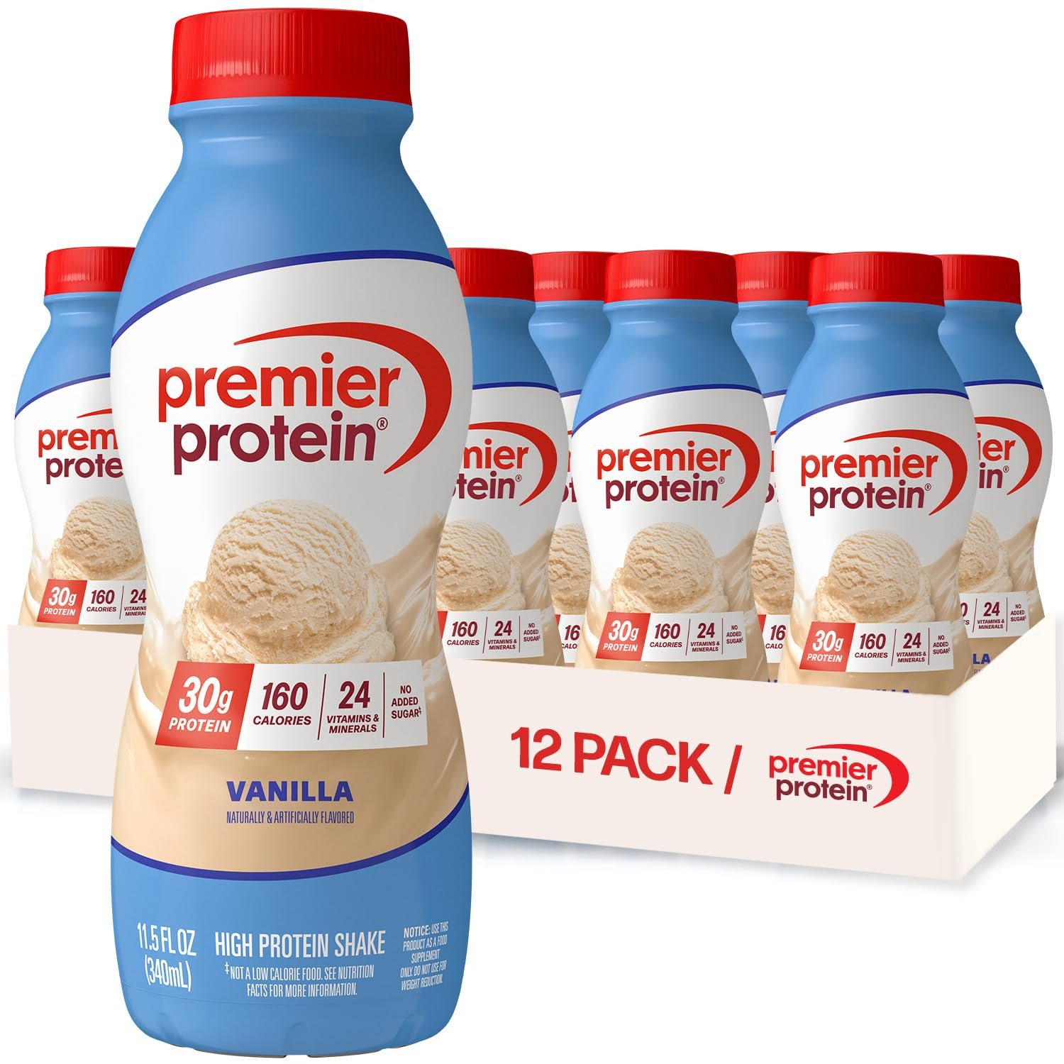 Premier Protein 30g High Protein Shake, Vanilla, 12 Pack Bottles, Vegetarian