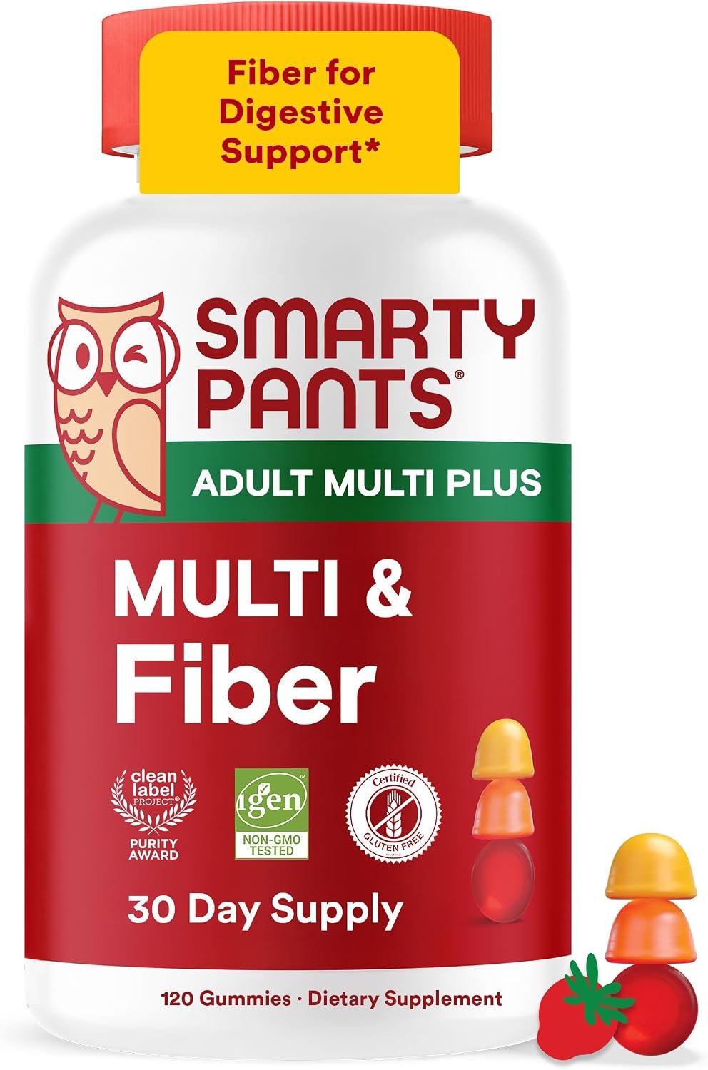 SmartyPants Plus Multi & Fiber Men and Women’s Multivitamin Gummies with Prebiotic Fiber, Omega 3 DHA/EPA, Vitamin D3, C, B12, B6, A, K, Zinc, Clean Label, Three Fruit Flavors,90 Count (30 Day Supply)