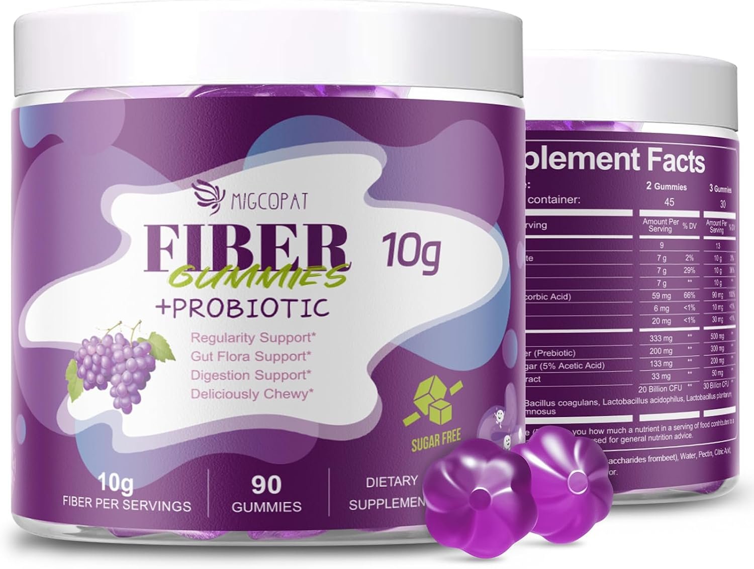 Migcopat 10G Fiber Gummies with 30 Billion CFU Probiotics, Grape Flavor, Bloating Support, Fiber Supplement with Vitamin C, ACV, Inulin, Sugar Free, 180 Count