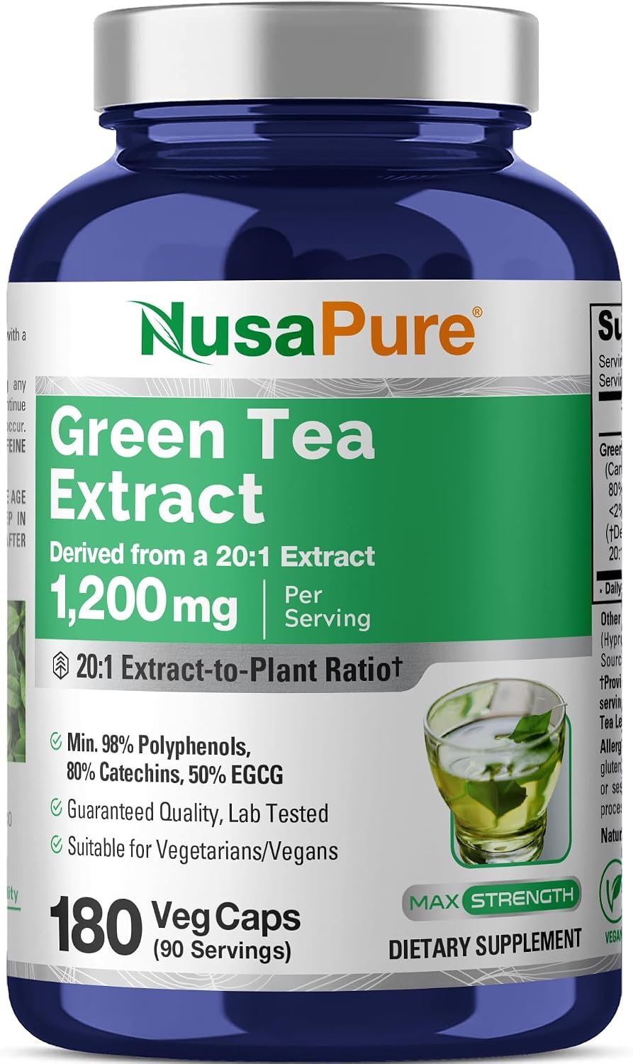 NusaPure Green Tea, 1200 mg, Non GMO, Vegan, 180 Veggie Caps – 90 Servings