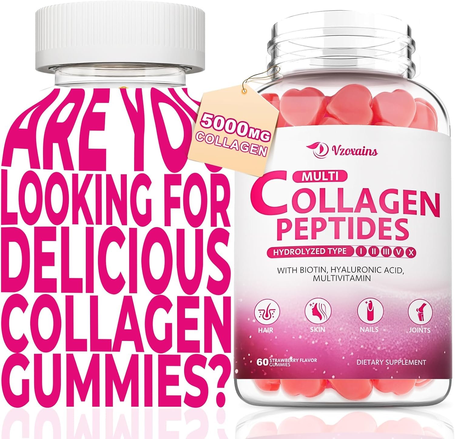 Collagen Peptides Gummies, Collagen Gummies for Women & Men, Type I,II,III,V,X Protein with Biotin, Hyaluronic Acid, Vitamin C for Healthy Skin | Strawberry Flavored, Sugar Free, 120 Cts