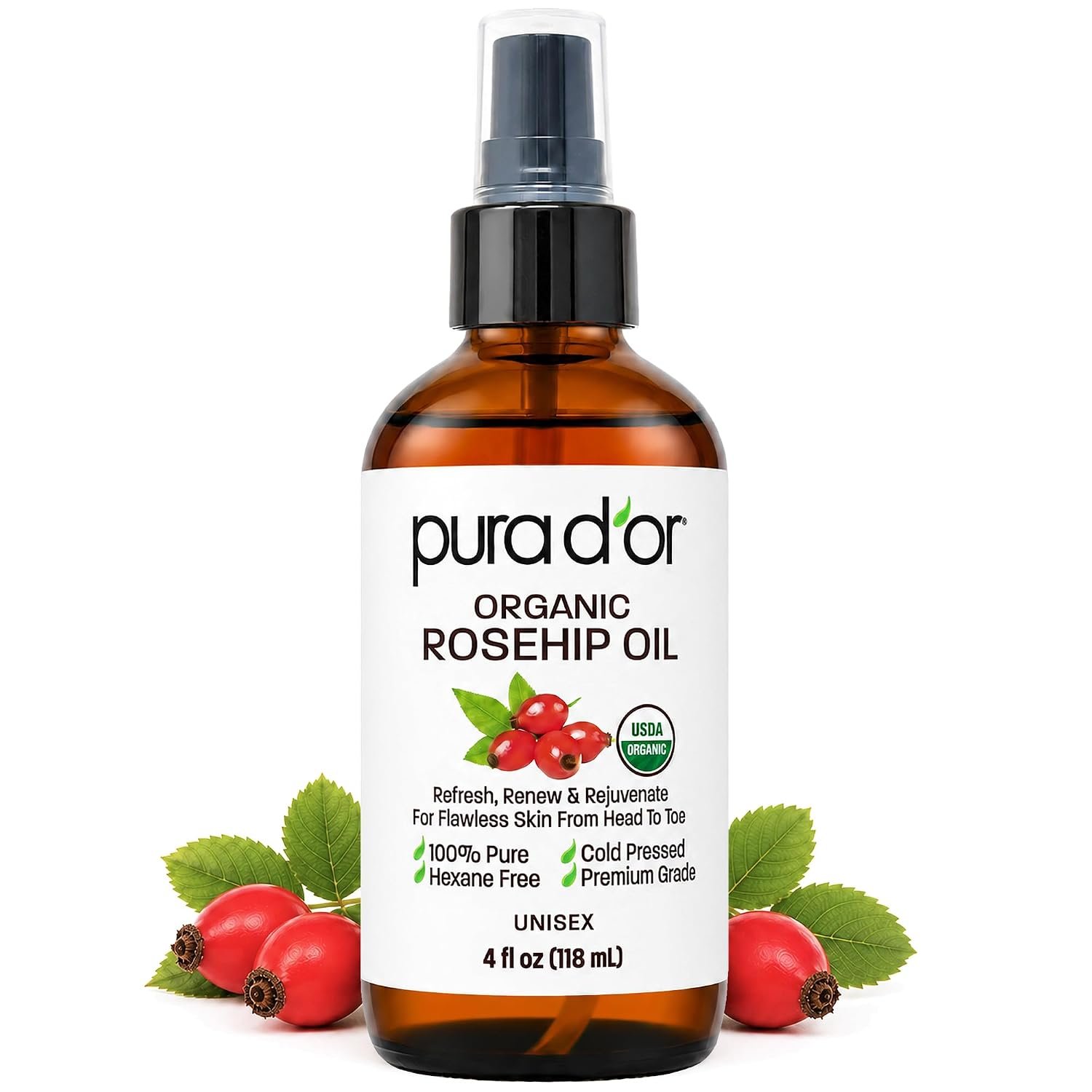 PURA D’OR ORGANIC Rosehip Seed Oil Pure Cold-Pressed for Face, 4oz