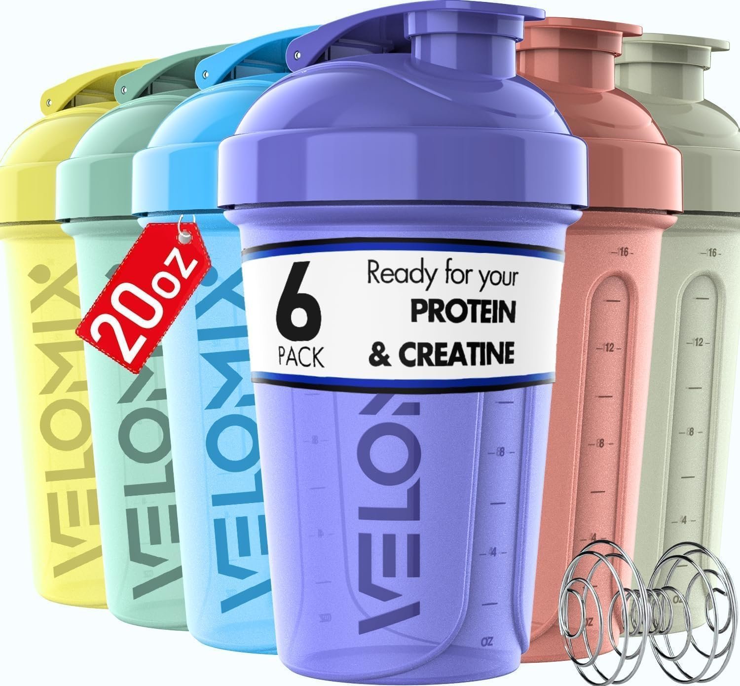 VELOMIX 6 Pack 20oz Shaker Cups for Protein Shakes, Pastel Shades