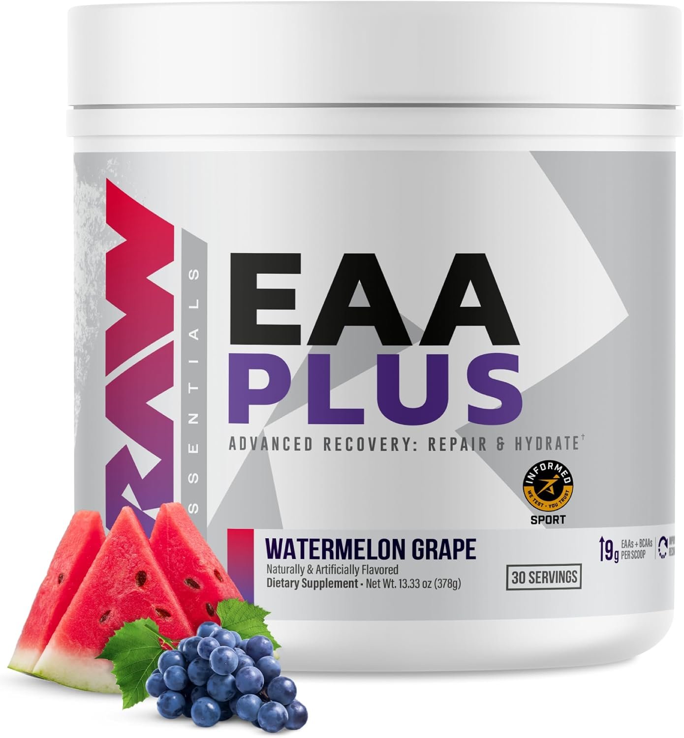 RAW EAA Plus, Amino Acids Powder, Watermelon Grape (30 Servings) – Pre Workout Amino Energy Powder for Advanced Endurance, Recovery & Lean Muscle Growth – BCAA Amino Acids Supplement for Men & Women