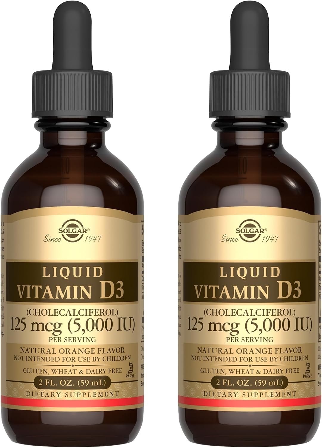 Solgar Liquid Vitamin D3 125 mcg (5,000 IU) – 2 fl oz, Pack of 2 – Natural Orange Flavor – Helps Maintain Healthy Bones & Teeth – Immune System Support – Gluten & Dairy Free – 118 Total Servings