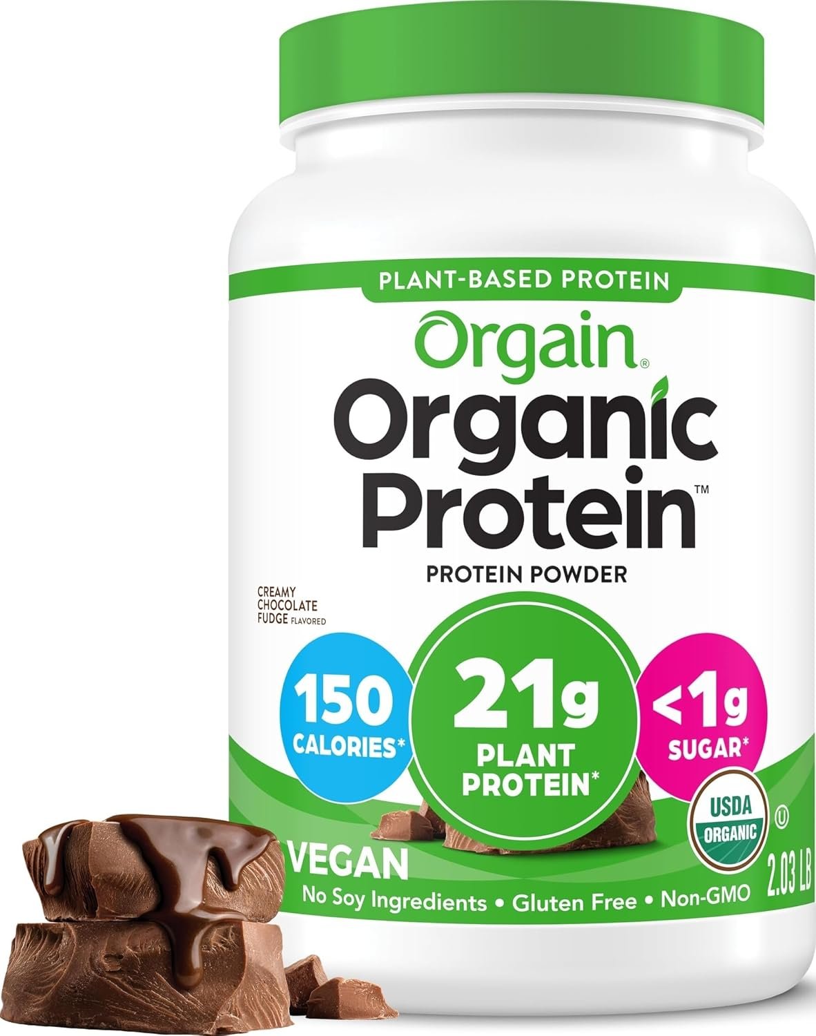 Orgain Organic Vegan Protein Powder, Creamy Chocolate Fudge – 21g Plant Protein, 6g Prebiotic Fiber, Low Net Carb, No Lactose Ingredients, No Added Sugar, Non-GMO, For Shakes & Smoothies, 2.03 lb