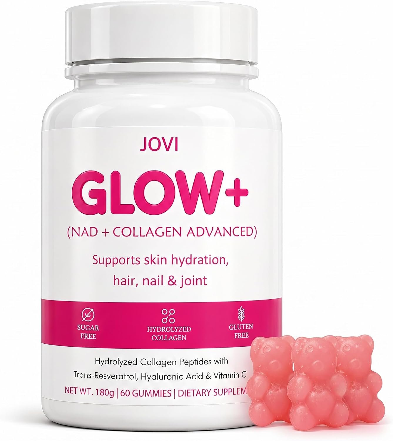 Jovi Glow+ NAD+ Hydrolyzed Collagen Gummies for Women, Skin Hair Nails