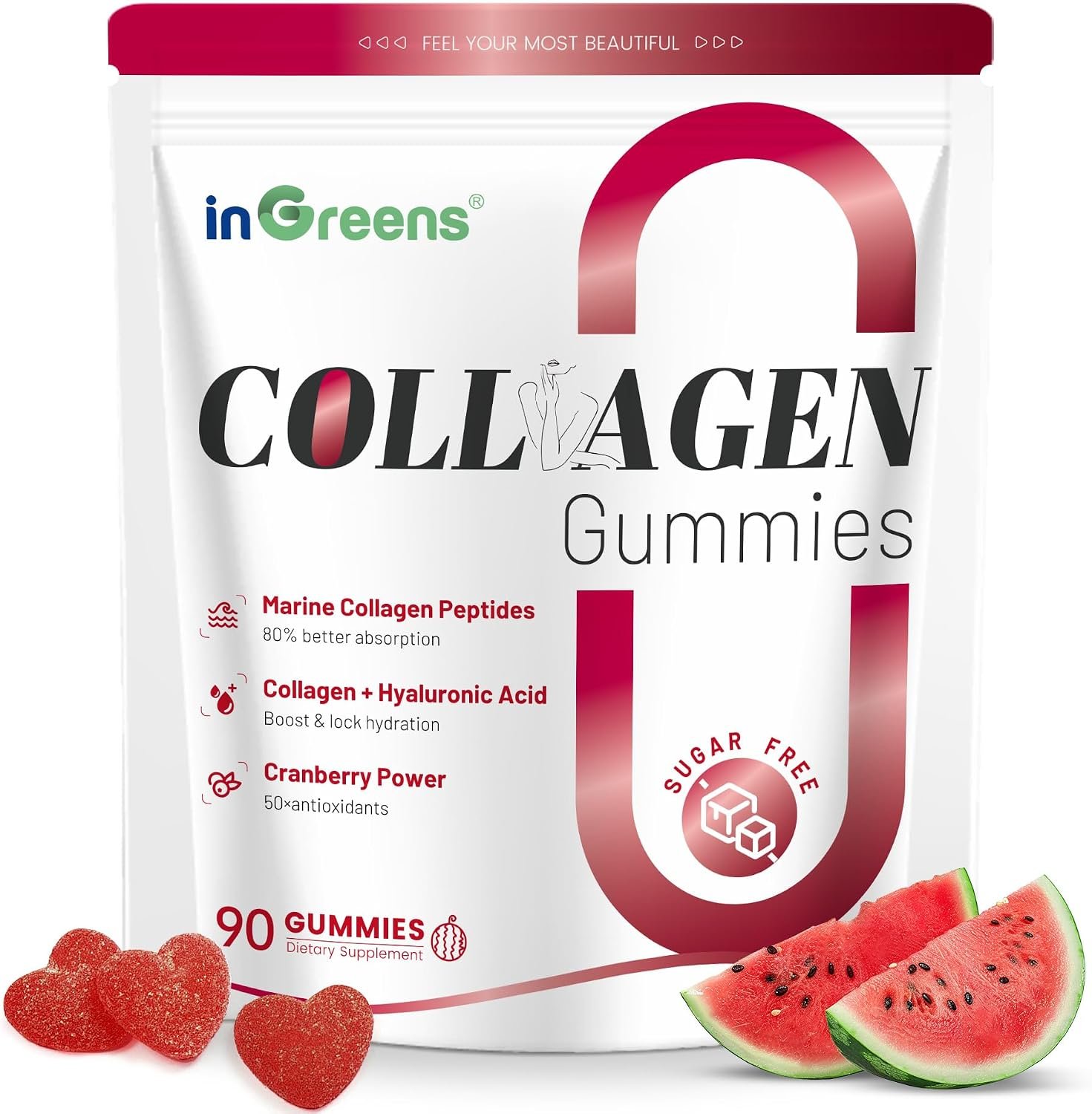 inGreens 5000mg Marine Collagen Gummies, Sugar Free, 90 Count