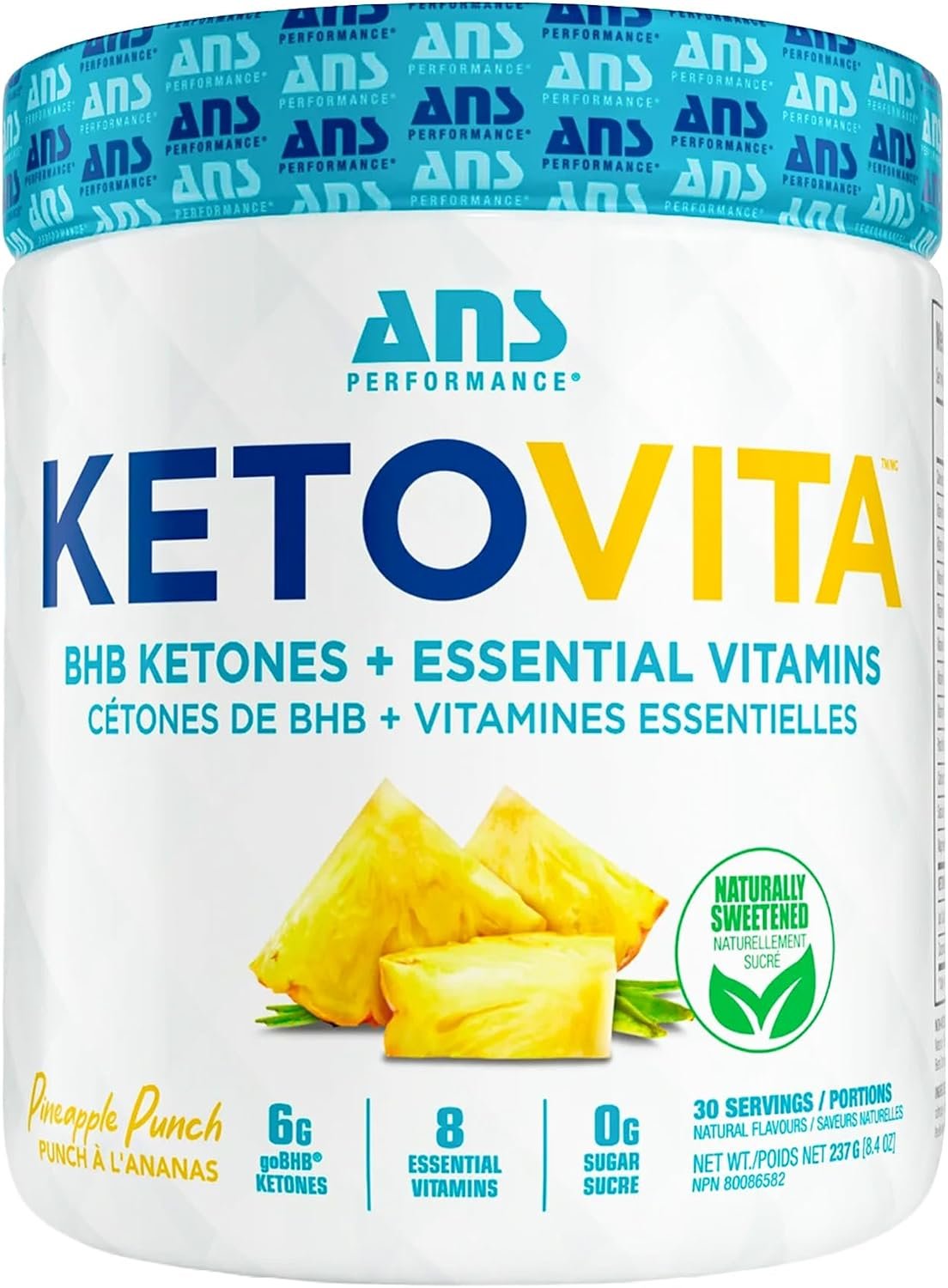 ANS Performance Ketovita Supplement Beta-Hydroxybutyrate Ketones Drink Powder with Zero Sugar and 30 Servings, Boosts Metabolism, Pineapple Punch